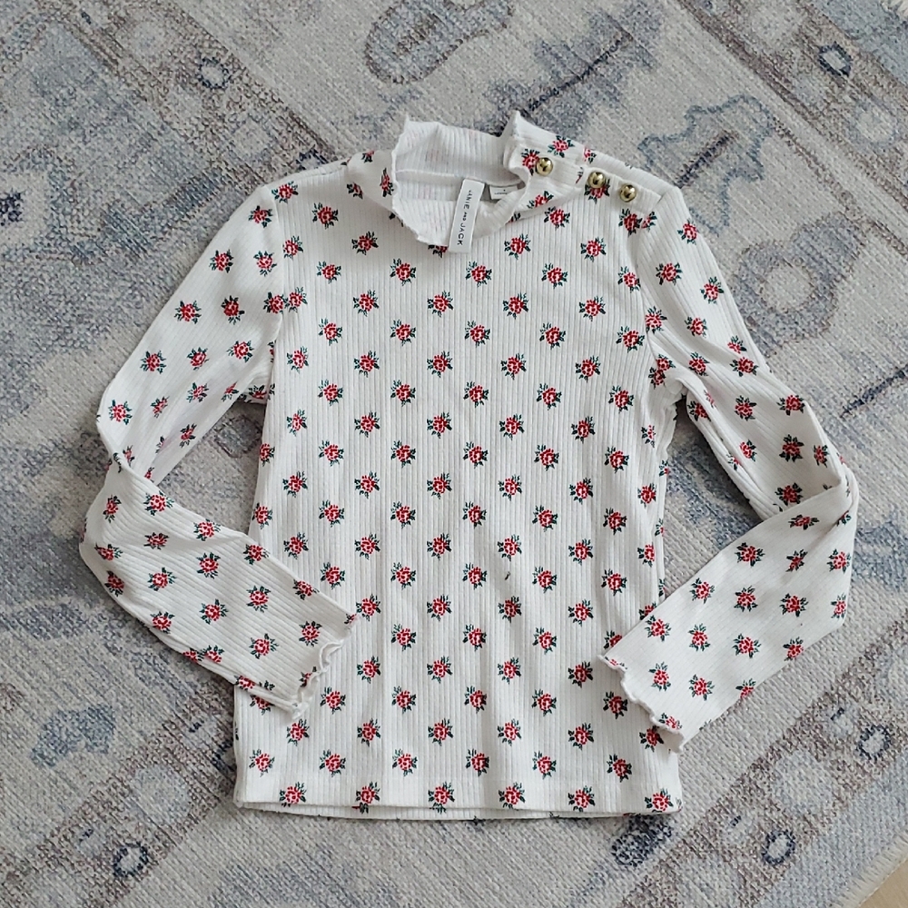 Janie and Jack Girls Rose Ribbed Turtleneck Cream and Sugar Rose Print Shirt Sz4